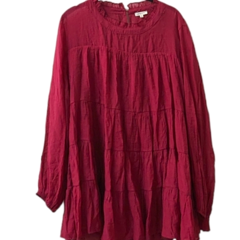 JODIFL Mulberry Tiered Peasant Lagenlook Sheer Boho Summer Plus Size Top (1X)